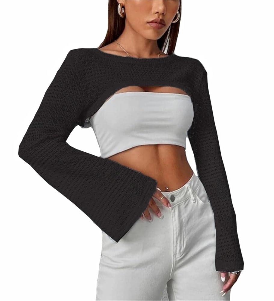LOFAAC Women Y2K Crochet Knit Flounce Sleeve Crop Shrug